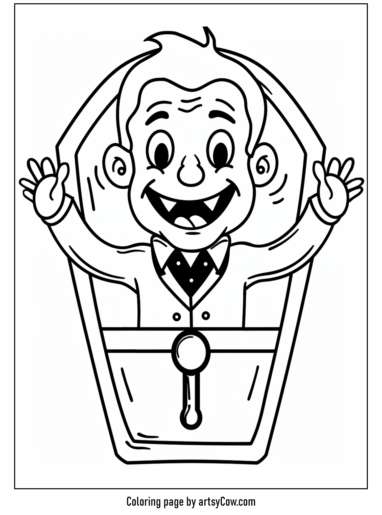 a joyful Dracula popping out of a coffin, waving happily.